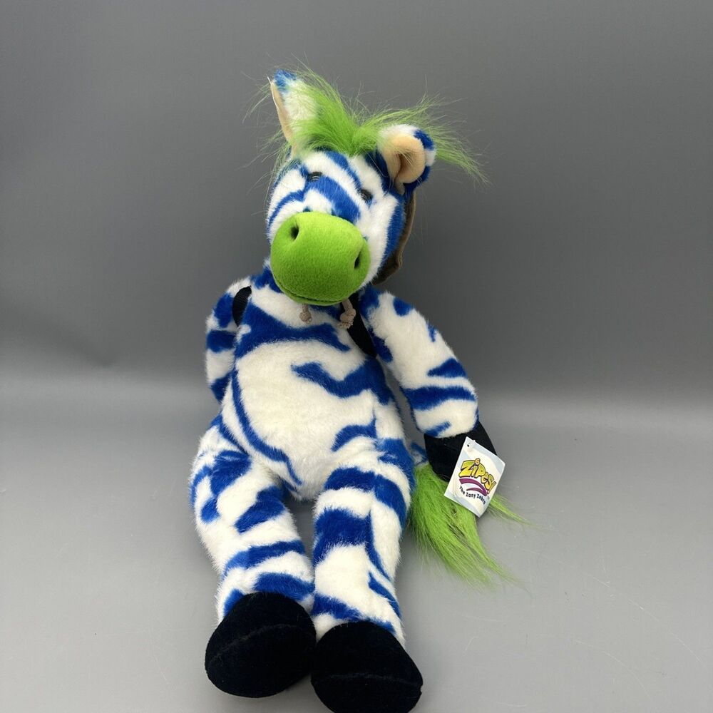 Vintage Zany Brainy Zebra Zipes 21" Plush ~  1998 Safari Hat & Baby in Backpack